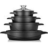 briebe Set Pentole Induzione Batteria 8 Pezzi, 4 Casseruola, Alluminio Pressofuso, Antiaderente ILAG GRANITEC senza PFOA, Coperchi in Vetro, Guanti in Silicone, Vetroceramica, Gas, Forno, MGK-17