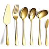 HOMQUEN Set di Posate da Portata in 6 Pezzi in Oro, Posate per Dolci, Cucchiaio da Portata con Fessure, Cucchiaio da Portata, Forchetta per Carne Fredda, Coltello da Burro, Mestolo da Minestra