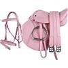 QHP, set sella, da poni, in pelle (sintetica), 33 cm di spessore, sella per sottopancia + briglie combinate, rosa, 13 Zoll