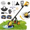 reffmov Decespugliatore a Batteria, 30CM Tagliaerba a Batteria con 2 Batterie da 3.0AH,Tagliaerba Elettrico con Ruota,Motore Senza Spazzole 800W,4 Tipi di Lamelle per Taglio Di Giardini, Prati,Arbusti