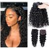 Vanmast Brazilian Long Water Wave Virgin Hair 3 Bundles with Closure 100% Unprocessed Human Hair Remy Hair Extensions Natural Color Capelli Umani Ricci Bundles With 4x4 Lace Closure 20 22 24 +18 Pollice