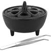 Pawsautomotively Bruciatore di incenso con coperchio a fiore di loto, in ghisa + acciaio inossidabile, con una pinzetta curva, colore nero, piccolo, per decorazione della casa (8 × 4.5 cm)