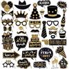 BOBOZHONG 36 Pezzi Accessori Fotobox Feste, Decorazioni Autoscatto Tema Oro e Nero con Bastoncini e Adesivi per Compleanno, Matrimonio, Natale, Halloween, Laurea - Kit Foto Divertenti per Party