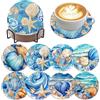 Hudiepan 8 Pezzi Sottobicchiere Legno con Pittura a Diamante, Sottobicchieri per Pittura a Diamante con Supporto, Creature Acquatiche Kit per Pittura Diamanti DIY, per Vasi, Tazze, Candele Decorative(Blu)