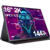 UPERFECT 2K 144Hz 16 Pollici QLED Monitor Portatile, Display Mobile con 2560 * 1600 16:10 2000:1 500 Nit Schermo Mini HDMI USB C per PC Laptop Xbo Switch PS4/5, Compatibile VESA