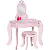 HOMCOM toeletta per bambina con design femminile e motivi a cuore - sgabello incluso - dimensioni. Cassettiera 60L x 36l x 88H cm, specchio, MDF, rovere