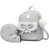 FOLOVEYA Zaino da Donna Antifurto Zainetto Piccolo in Pelle PU Borsa Zaini Ragazza con Cute Bowknot Borse a Tracolla Set 3 Pezzi con Portafoglio per Viaggio Lavoro Ufficio Grigio