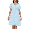 Lovasy Camicia da Notte in Cotone Donna Camicia da Notte Manica Corta a Righe Scollo a V Sexy Sottoveste Curvy con Bottoni Davanti Abito da Notte Estiva con Tasche,A-Blu/Bianco,M