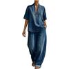 Udbeksid Completo Denim Donna 2 Pezzi Set Coordinato Blusa Scollo a V e Pantaloni Tuta Jeans Leggera con Tasche Casual Comoda Taglie Forti Abbigliamento ampia per Viaggio e Vacanze (02,L)