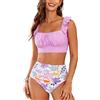 Generisch Costume Donna Vita Alta Stampa Floreale Volant Due Pezzi Color Block Moda Mare 2025
