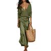Generico Completo donna 2 pezzi: top in maglia a maniche lunghe con scollo a V profondo e gonna sottoveste in raso - Outfit coordinato casual-chic ed elegante (Dark Green,S)