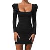 Gkaopi Vestito Donna Sexy Maniche Lunghe Mini Abito Elegante Corto Nero Elasticizzato Aderente Abiti Scollo Quadrato Vestiti Bodycon da Festa Discoteca Sera Cocktail Party