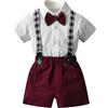 Yishengwan Bimbo Completini e Coordinati Gentiluomo, Completo Cerimonia Bambino Pantaloncini con Bretelle + Camicia e Papillon per Ragazzi Rosso Vino 18-24 Mesi