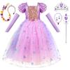 AOOWU Costume da Principessa Rapunzel per Bambina, Vestito Rapunzel con 6 Accessori, Abito da Principessa Viola, Cosplay Halloween Carnevale Abito per Ragazze(100)