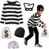 Xerteam Costume da ladro per bambini, set di costumi da ladro di ladro, con cappello a cilindro a righe bianche e nere, maschera per gli occhi, borsa in tela, banconote finte, per cosplay