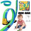 Jokooan Pista da corsa flessibile per bambini, 4,5 m, doppia pista portatile, con 4 auto, gioco da corsa, giocattolo per interni ed esterni, regalo per ragazzi e ragazze dai 3 anni in su (blu e verde)