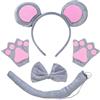 TSHAOUN Set di 4 pezzi per costume da animale con orecchie da topo, fascia grigia, orecchie, coda, papillon, guanti, set di vestire, per feste di compleanno, carnevale, cosplay, Natale, accessori