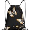 EDPXKL Borsa a sacco da donna con coulisse, stampa nera e farfalle oro e bianche, impermeabile, ideale per il calcio, portatile, da viaggio, perfetta per palestra, shopping, sport e yoga.