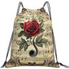 EDPXKL Zaino leggero vintage con coulisse a tema note musicali e rose, zainetto impermeabile da spiaggia con elementi nautici, stelle marine e tonalità corallo, ideale per palestra, viaggi, feste e per l'uso