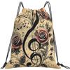 EDPXKL Zaino vintage leggero con coulisse e rose a tema note musicali, zainetto impermeabile da spiaggia con elementi nautici, stelle marine e tonalità corallo, ideale per palestra, viaggi, feste e per l'uso