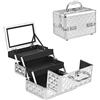 HOMASIS Valigetta Trucchi con Specchio, Borsa Trucco Professionale con 3 Livelli Estendibili, Mini Beauty Case con Maniglia e Serratura, 23 x 15 x 18 cm (Argento)