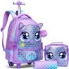 Egchescebo Zaino con Rotelle Bambina Occhi Grandi Animali Trolley Zainetto Asilo Scuola Elementare Primaria Borsa Pranzo Portamatite Carrello Valigia Ragazza per Valigia da Viaggio Viola
