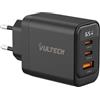 VulTech Caricatore USB C 65W GaN, 2 USB-C + USB, PD3.0 PPS QC3.0, Caricatore Rapido per Notebook e MacBook, iPhone 16/15/14, Samsung Galaxy, Tablet, 3 Porte, Display Potenza Integrato Nero