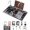 KOOGIMDDR 50 Cm Di Larghezza Nero Grande Cascata Lavello Cucina Acciaio Inox Set, Lavello Multifunzione1 Vasca Con Cascataterraneo Rubinetto, Lavandino Esterno Con Gocciolatoio E Vari Accessor(Black-Grey A,85x5