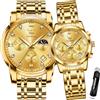 OLEVS Coppia di orologi al quarzo per coppie, con calendario luminoso, datario, 3 ATM, impermeabili, casual, in acciaio inox, per uomini e donne, amanti del matrimonio, regali romantici, set di 2, oro
