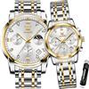 OLEVS Coppia di orologi al quarzo per coppie, con calendario luminoso, datario, 3 ATM, impermeabili, casual, in acciaio inox, per uomini e donne, amanti del matrimonio, regali romantici, set di 2, oro