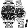 OLEVS Coppia di orologi al quarzo per coppie, con calendario luminoso, datario, 3 ATM, impermeabili, casual, in acciaio inox, per uomini e donne, amanti del matrimonio, regali romantici, set di 2