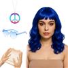 GWAWG Parrucca da donna blu 4 pezzi - parrucca corta Bob, occhiali a cuore, rete per parrucca, collana pace | accessori travestimento carnevale, sera 80s, Halloween, cosplay