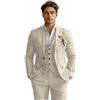 Diaryan Completo da Uomo in Lino, 3 Pezzi, Slim Fit, per Spiaggia, Matrimonio, Formale, Lavoro, Sposo, Ballo Scolastico, Set di Abiti, Beige, L