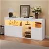 Merax Credenza 155,5 x 35 x 72 cm - Armadietto da soggiorno bianco lucido con 3 ante, 3 pareti divisorie in vetro e illuminazione a LED, cassettiera senza maniglie per soggiorno, armadietto multiuso