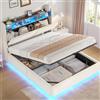 AOGLLATI Letto Matrimoniale 140x200 CM con Contenitore Idraulico | Struttura Letto Matrimoniale con 270° LED e Stazione di Ricarica Letto Imbottito con Testiera Velluto a Coste, Beige