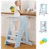 Growaystory Torre Montessoriana Pieghevole per Bambini, Sgabello a gradini regolabile in altezza per bambini (2-3 livelli), Learning Tower con Barra di Sicurezza, per Bancone Cucina Lavandino Bagno (Blu)