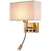 VETCS Lampade da parete moderne con porta di ricarica USB Applique da parete in oro Lampada da parete in tessuto Paralume Interruttore on/off Faretti da lettura for montaggio a parete a LED for came