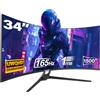 Gawfolk 34 Pollici Ultrawide Curved Gaming Monitor, 1500r Pc Screen 165hz UWQHD 3440x1440, Schermo Computer Curvo Con Freesync E Eye Care Technologie, Supporta Vesa 75 X 75 Mm