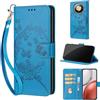 SIENIANLINE Cover per Honor Magic8 Lite / X9d custodia portafoglio Farfalla - Blu | 3 scomparti carte, 1 tasca banconote, Chiusura magnetica, Supporto, Pelle PU flip cover per Honor X70 / X9d