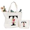 Sinekong Personalizzata Iniziali Borsa Tela Donna, Shopper con Lettere e Fiori Cotone Canvas, Cosmetica per Sposa Damigella, Idea Regalo Mamma, Compleanni, Matrimonio（T）