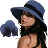 DRESHOW Cappelli da Sole per Donna Fedora da Viaggio Pieghevole da Spiaggia Cappello da Sole Sstivo a Tesa Larga in Paglia con Fiocco UPF 50+