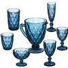 Relaxdays Set 7 Bicchieri Vetro, Look Vintage, Caraffa, 2 Calici Vino, Prosecco, Coppa Gelato, 2 Acqua, Blu Trasparente
