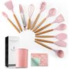 Happy-Yoyo Set di 11 utensili da cucina in silicone, antiaderenti, spatola, tornitore, resistenti al calore, con manico in legno e panno per spolverare (rosa)