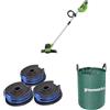 Greenworks 40V Tagliabordi a Batteria per Giardini Medi + 3 pezzi rocchetto doppio filo + Sacco da giardinaggio da 120l