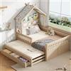 TOBIDOEN Letto a casetta per bambini, 140 x 200 cm, con letto estraibile, a forma di casetta, cassetti e ringhiere di sicurezza, realizzato in legno resistente, ideale per la cameretta dei bambini