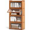 KOMFOTTEU Scaffale a 4 livelli con ante in acrilico apribile, libreria in bambù con dispositivo antiribaltamento, mobiletto per soggiorno, camera da letto, ufficio, 69 x 34 x 140 cm (marrone)