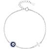 MYSTIC JEWELS Bracciale in argento sterling 925 con finitura in rodio - croce e occhio turco - design minimalista con zirconi - regolabile 16 + 3 cm
