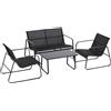 Set Salotto da Giardino Divano 2 Poltrone e Tavolino in Metallo e Textilene Nero