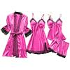 FGUUTYM Pigiama da donna in raso, 4 pezzi, camicia da notte, pantaloncini da notte, in pizzo, set sexy in seta, abito da notte con motivo floreale, pizzo, Rosa acceso., M