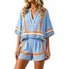 Generisch Pigiama corto da donna, in lino, a righe, con scollo a V, maniche corte e elastico in vita, morbido, comodo, elegante, boho, estivo, due pezzi, casual, vestibilità regolare